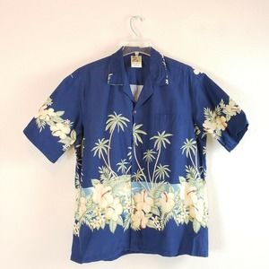 Winnie Fashion Beach Palm Trees Floral Hawaiian Button Blue Shirt Mens Size XL